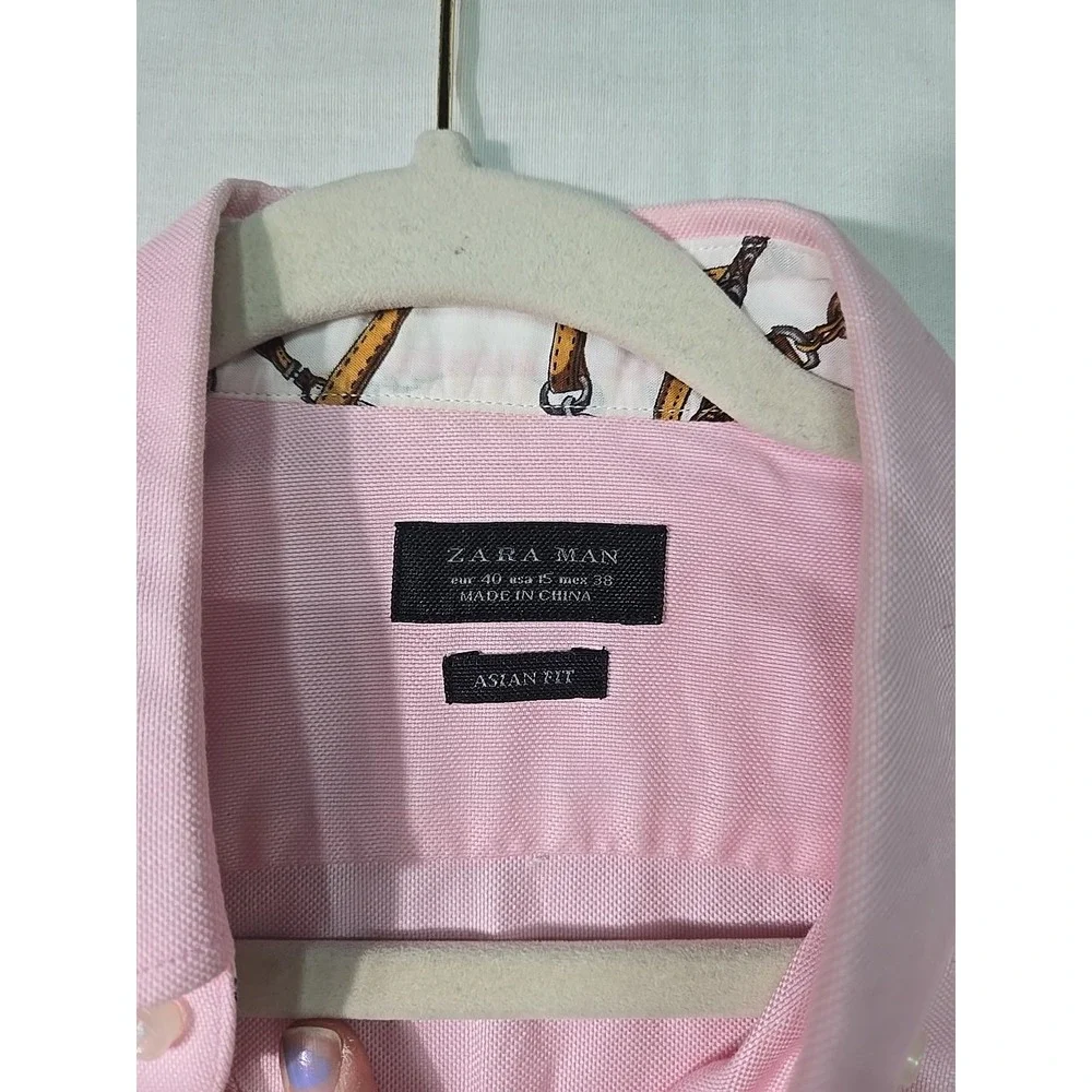 Zara Man Asian Fit Button Down Shirt Men's 15 Pink Long Sleeve Flip Cuff‎ Cotton